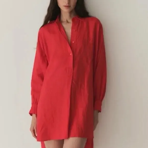 Doen | Dresses | Nwt Doen Jora Linen Shirt Mini Dress In Red Scarlet Sz Xs  | Poshmark